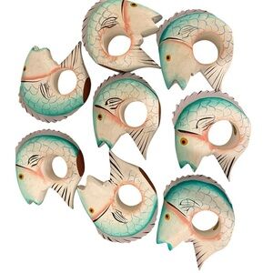 Vintage Hand Carved Fish Shaped Napkin Ring Holders Set Of 8